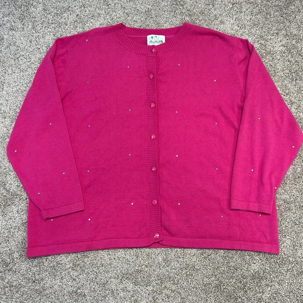 The Quacker Factory Pink Rhinestone Button Front Cardigan Sweater Women's 2X